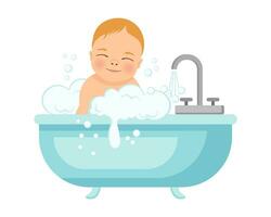 Baby boy in a bath with foam. Baby shower illustration. Design for baby hygiene products. Vector