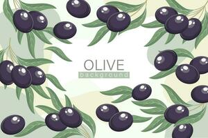 Background with olives. Cosmetic label background, black olives and twigs with leaves on an abstract background, vector