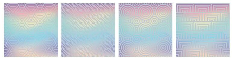 Set of geometric seamless patterns on holographic neon. Shiny hologram texture. Foil pattern. Metallic gradient. Vector