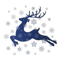 Christmas deer in white snowflakes, silhouette. Festive winter illustration, card, vector