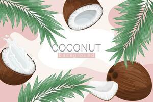 Coconut background. Cosmetic label background, realistic coconut milk, coconut and palm leaves on abstract pink texture. Beach poster. Vector