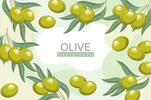 Background with olives. Cosmetic label background, green olives and twigs with leaves on an abstract background, vector