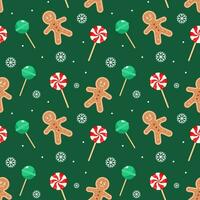 Christmas seamless pattern with gingerbread men, snowflakes, candy canes and socks. Festive green background, vector