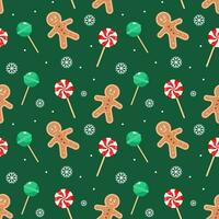 Christmas seamless pattern with gingerbread men, snowflakes, candy canes and socks. Festive green background, vector