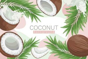 Coconut background. Cosmetic label background, realistic coconut milk, coconut and palm leaves on abstract pink texture. Beach poster. Vector