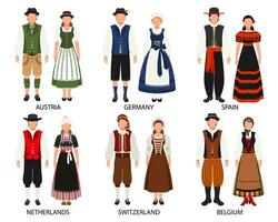 un conjunto de parejas en gente disfraces de europeo países. Austria, Alemania, España, el Países Bajos, Bélgica, Suiza. cultura y tradiciones ilustración, vector