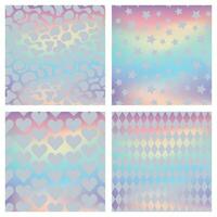 Set of geometric seamless patterns on holographic neon. Shiny hologram texture. Foil pattern. Metallic gradient. Vector