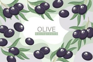 Background with olives. Cosmetic label background, black olives and twigs with leaves on an abstract background, vector