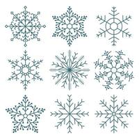 Set of hand drawn lacy blue snowflakes on a white background. Winter design elements, vector