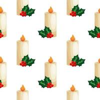 Seamless pattern. christmas candles and holly with berries on a white background. Print, background, vector