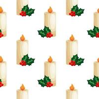 Seamless pattern. christmas candles and holly with berries on a white background. Print, background, vector