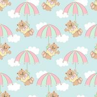 Seamless pattern, cute cartoon bears flying on an umbrella in the sky with clouds. Baby background, print, textile, vector