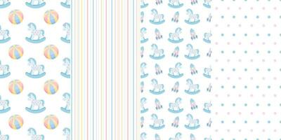 Collection of children's seamless patterns from rocking horse, toys, hearts, stripes and dots. Pastel background for children. Vector