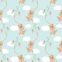 Seamless pattern, cute cartoon bears fly on a kite in the sky with clouds. Baby background, print, textile, vector