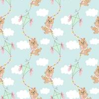 Seamless pattern, cute cartoon bears fly on a kite in the sky with clouds. Baby background, print, textile, vector