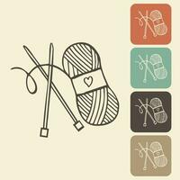 Knitting and crocheting icon in different variations. A skein, a ball of thread, a hook and knitting needles. Sketch, vector