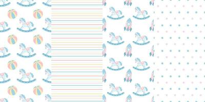 Collection of children's seamless patterns from rocking horse, toys, hearts, stripes and dots. Pastel background for children. Vector