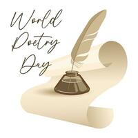 World Poetry Day banner. Parchment roll and inkwell with feather. Illustration, vector