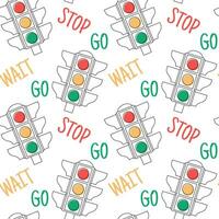 Seamless pattern for children from traffic lights and warning words on a white background. Print, vector