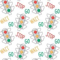 Seamless pattern for children from traffic lights and warning words on a white background. Print, vector