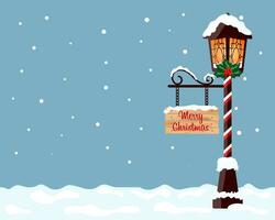 Christmas background with vintage park lantern in snow, congratulatory text and copy space. Banner, poster, vector