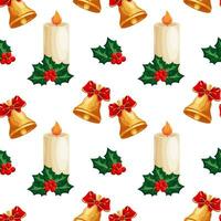 Seamless pattern. christmas candles and holly with berries on a white background. Print, background, vector