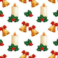 Seamless pattern. christmas candles and holly with berries on a white background. Print, background, vector