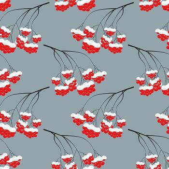 Seamless pattern, brunches of red rowan in the snow on a blue background. Print, background, vector