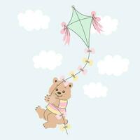 Cute cartoon teddy bear flying on a kite in the sky with clouds. Baby illustration, postcard, print, vector