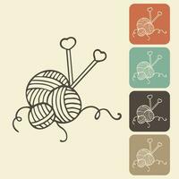 Knitting and crocheting icon in different variations. A skein, a ball of thread, a hook and knitting needles. Sketch, vector