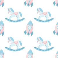 Seamless pattern, cute rocking horses rocket toys. Pastel shades. Baby shower background, baby textile, vector