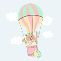 Cute cartoon teddy bear flies in a hot air balloon in the sky with clouds. Baby illustration, postcard, print, vector