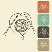 Knitting and crocheting icon in different variations. A skein, a ball of thread, a hook and knitting needles. Sketch, vector