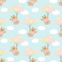 Seamless pattern, cute cartoon bears flying on balloons in the sky with clouds. Baby background, print, textile, vector
