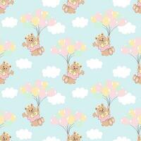 Seamless pattern, cute cartoon bears flying on balloons in the sky with clouds. Baby background, print, textile, vector