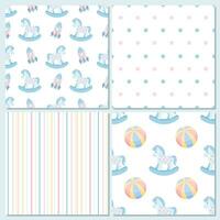 Collection of children's seamless patterns from rocking horse, toys, hearts, stripes and dots. Pastel background for children. Vector