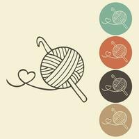 Knitting and crocheting icon in different variations. A skein, a ball of thread, a hook and knitting needles. Sketch, vector