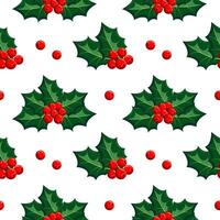 Seamless pattern, Christmas holly with berries on a white background. Print, background, vector