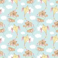 Seamless pattern, cute cartoon bears fly on a kite in the sky with clouds. Baby background, print, textile, vector