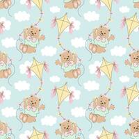 Seamless pattern, cute cartoon bears fly on a kite in the sky with clouds. Baby background, print, textile, vector