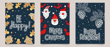 Set of Christmas cards with lettering decorated with toys, Christmas candies, gifts and snowflakes. Set of holiday backgrounds. Posters. vector