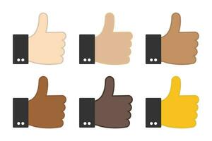 Thumb up icon in different skin tones. Povitive choice symbol. Sign yes app button vector. vector