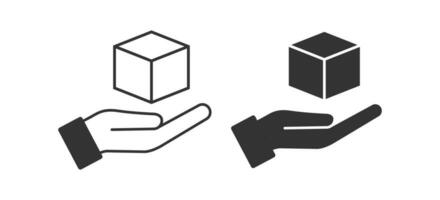 Cube an open palm icon. Give box symbol. Sign geometric object and hand vector. vector