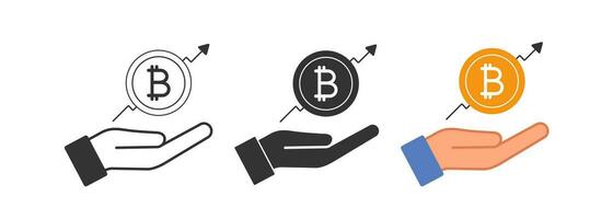 Bitcoin graph up  an open palm icon. Offer chart business symbol. Sign finansial graphic and hand vector. vector