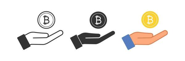 Bitcoin an open palm icon. Give crypto symbol. Sign virtual money and hand vector. vector