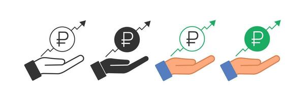 Ruble graph up  an open palm icon. Offer chart business symbol. Sign finansial graphic and hand vector. vector