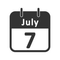 Page calendar day - July 7 icon. Summer vacation symbol. Sign reminder vector. vector