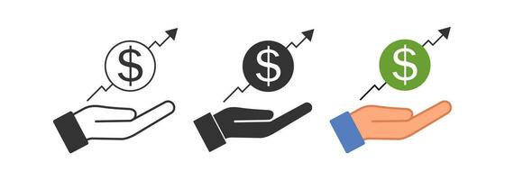 Dollar graph up an open palm icon. Offer chart business symbol. Sign finansial graphic and hand vector. vector