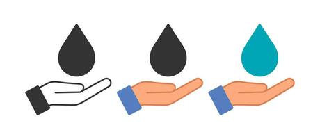 Drop and open palm icon. Give water symbol. Sign oil and hand vector. vector