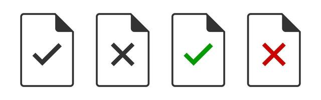 cheque y cruzar marca documentos icono. positivo y negativo permiso símbolo. firmar forma, archivo vector. vector